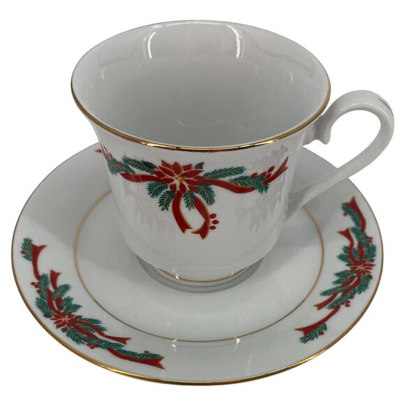 Tienshan Fairfield Poinsettia & Ribbons Christmas Holiday Cup Saucer Coffee Tea - Picture 2 of 6